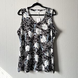 Fantaslook Top Women Large Dark Floral Stretch Minimalist Career Workwear Casual